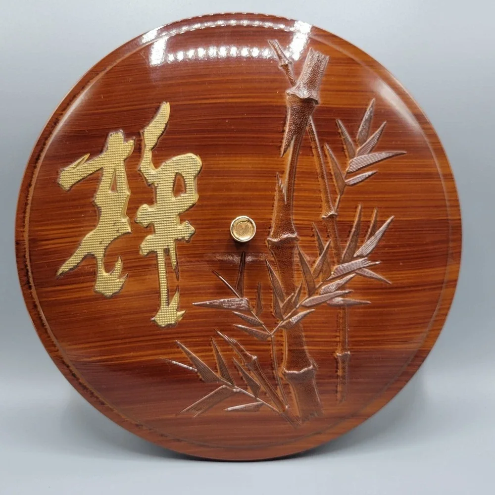 Vintage Plastic Round Lidded Divided Box Dish Asian Bamboo Design Glossy Finish